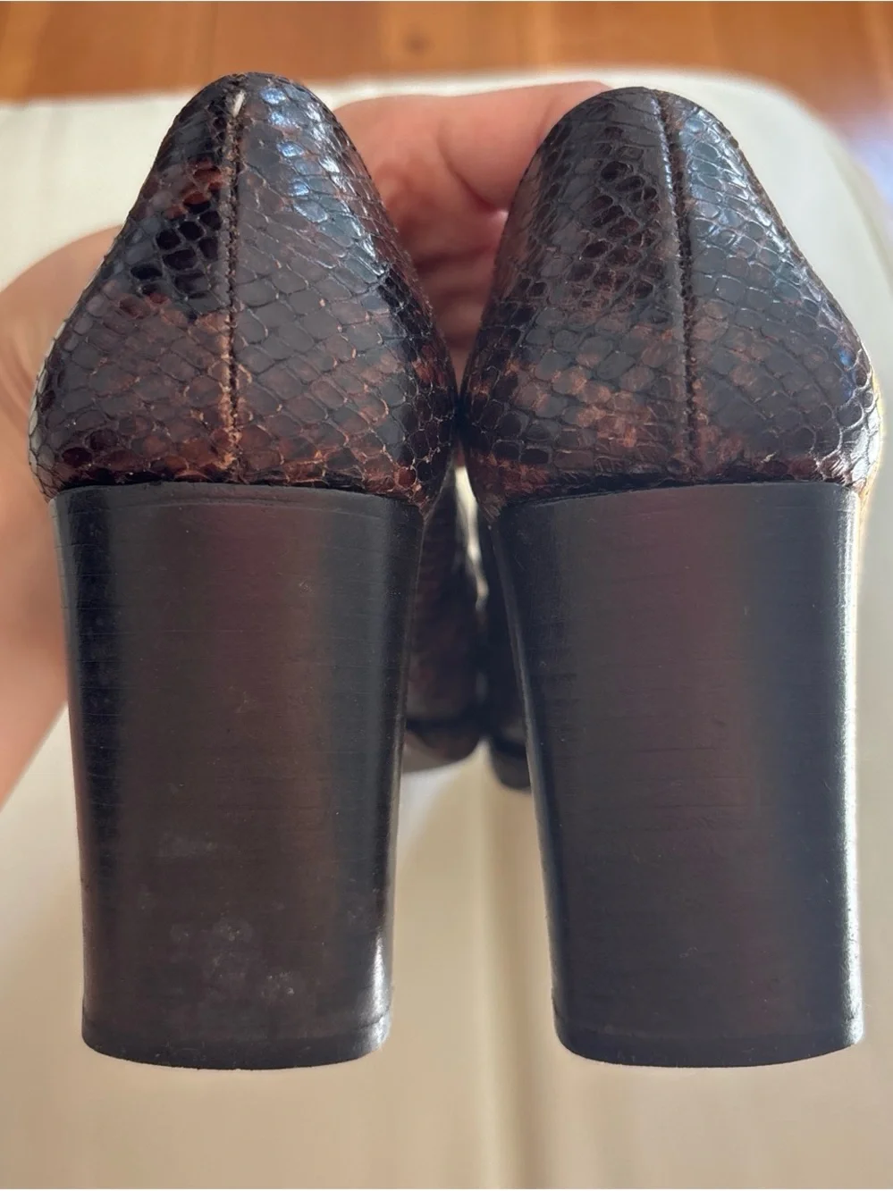 Via Spiga Brown Snake-Embossed Leather Block Heel Loafers